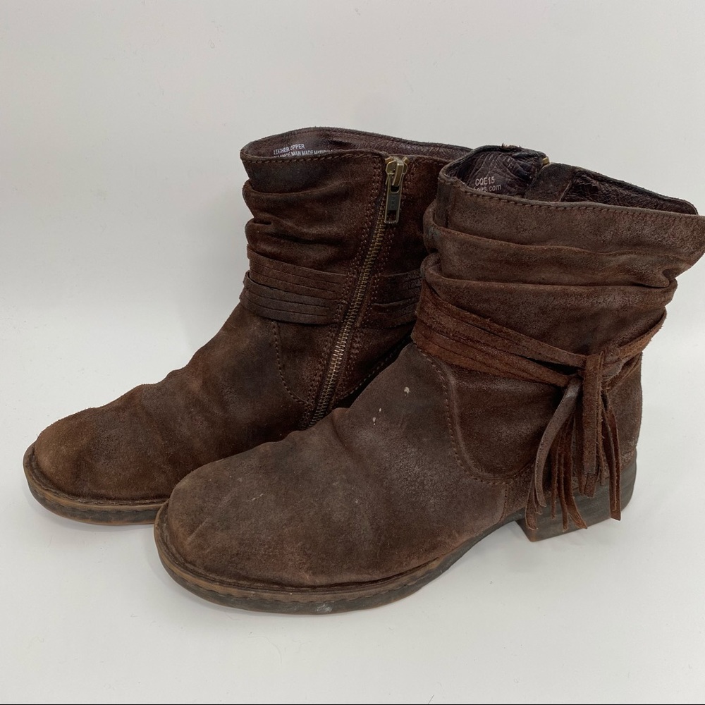 Born Leather Suede Fringe Cross Western Ankle Bootie